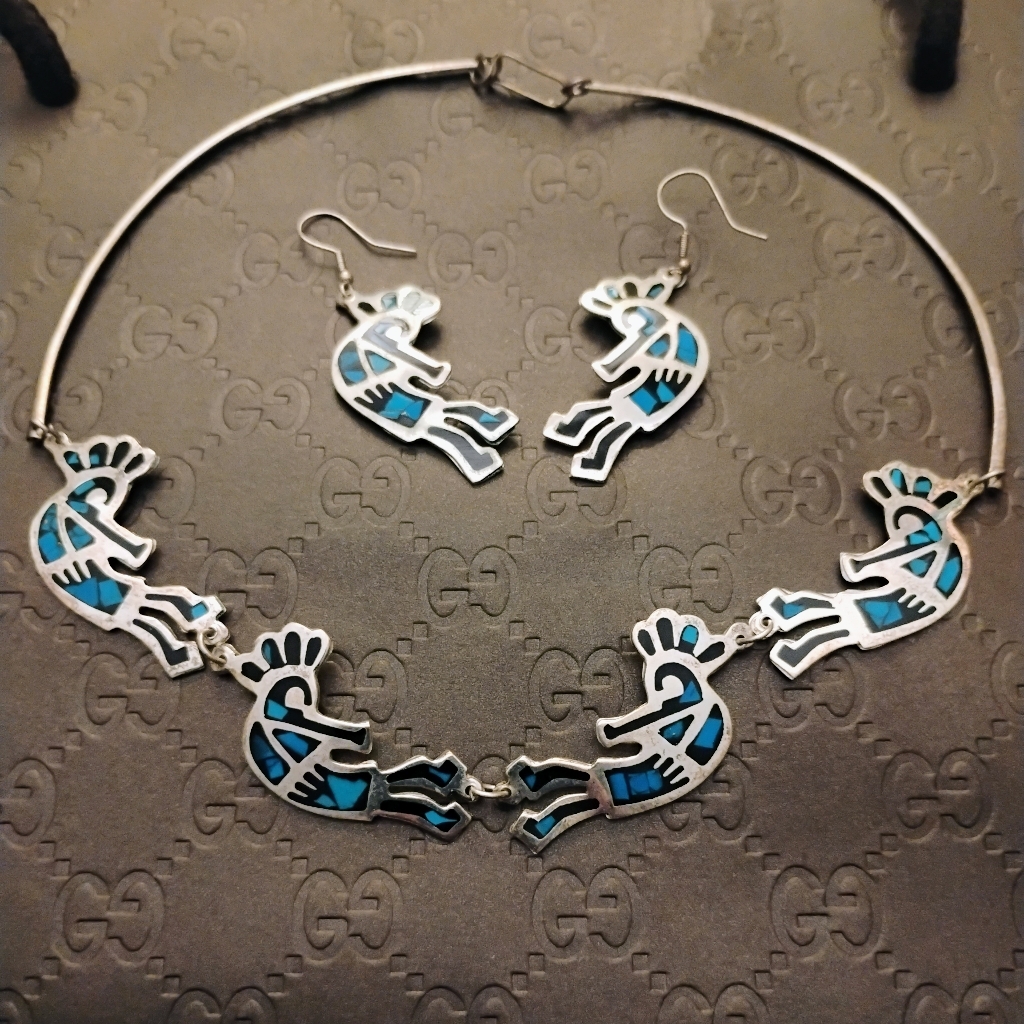 Vintage 70s Native American Kokopelli Silver Plated Necklace And Earrings Set 325$
